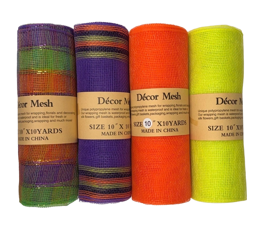 10 Inch x 10 Yards Poly Deco Mesh - Halloween, Purple, Apple Green, Orange - Set of 4