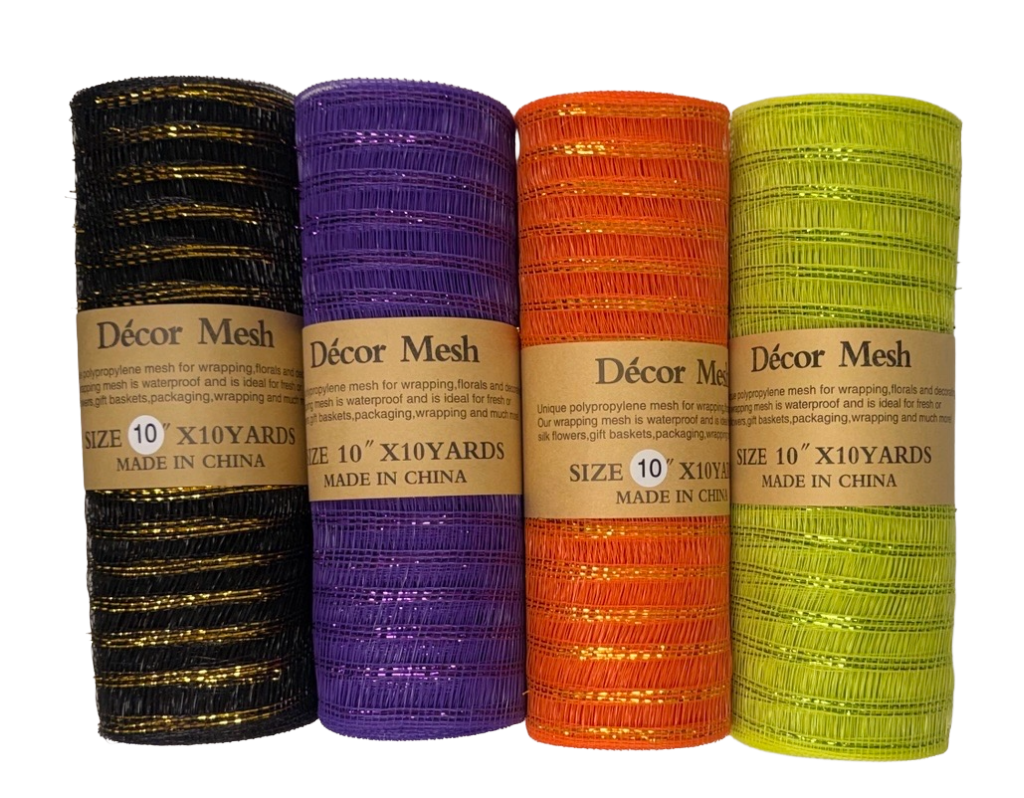 10 Inch x 10 Yards Deco Mesh Laser Eyelash - Apple Green, Purple, Black, Orange - Set of 4