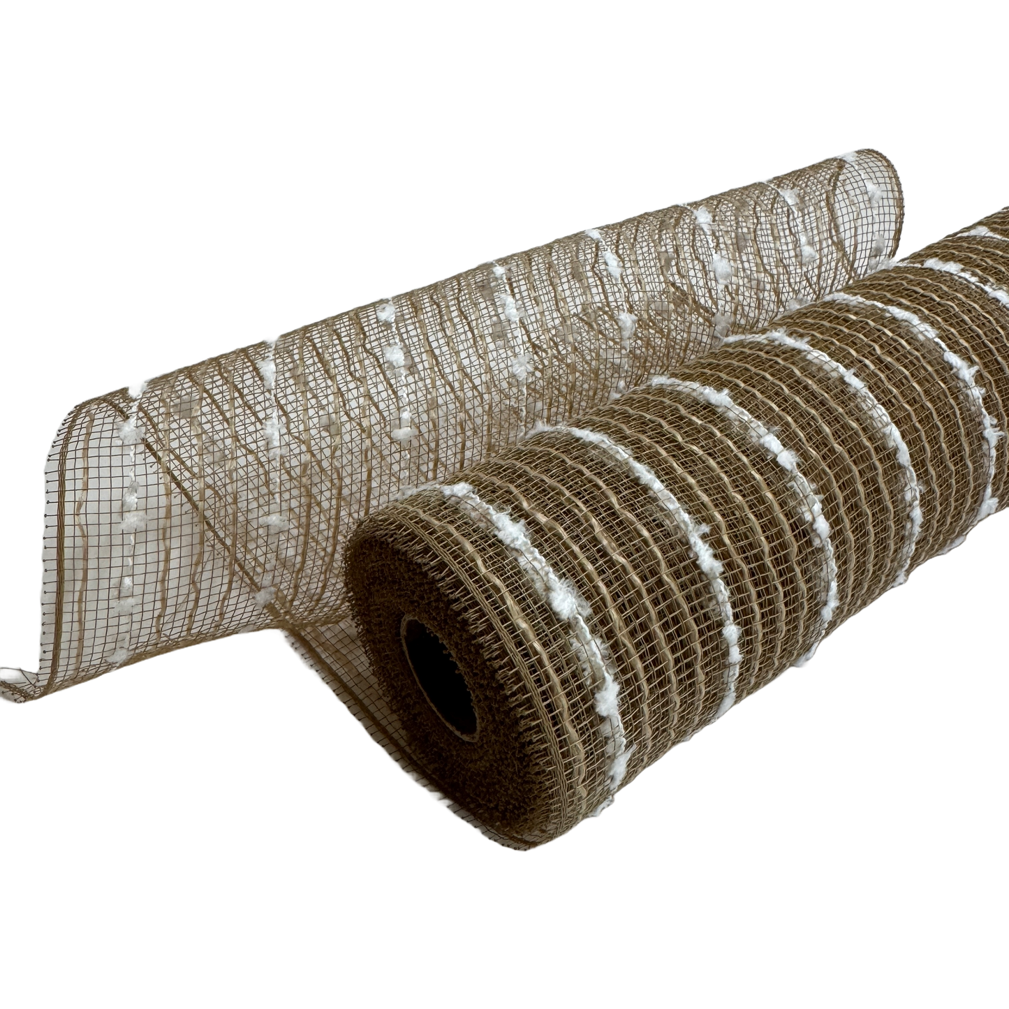 Natural Poly Burlap Stripes Snowball Holiday Deco Mesh - ( 10 Inch x 10 Yards )