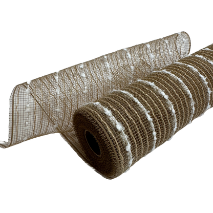 Natural Poly Burlap Stripes Snowball Holiday Deco Mesh - ( 10 Inch x 10 Yards )