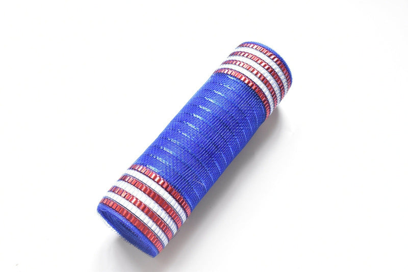 Royal Blue with Red White Mosaic Stripes Deco Mesh - Holiday Floral Deco Mesh - 10 Inch x 10 Yards