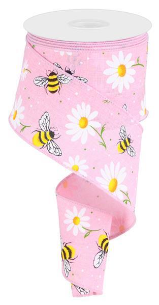 Yellow Bee White Daisy Flower Light Pink Spring Wired Edge Ribbon - ( 2-1/2 Inch | 10 Yards ) BBCrafts.com