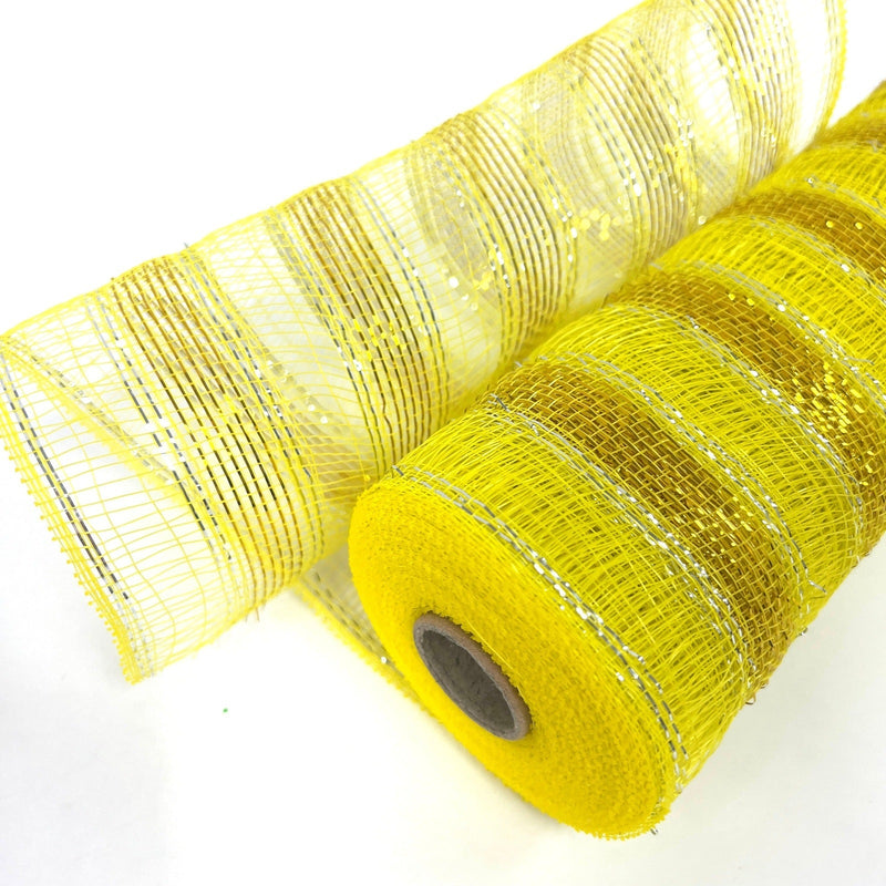 Yellow - Deco Mesh Eyelash Metallic Stripes - (10 Inch x 10 Yards) BBCrafts.com