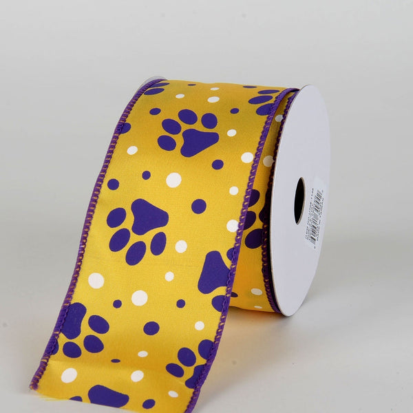 Yellow Satin Purple Paw Prints White Dots Ribbon ( 2 - 1/2 Inch x 10 Yards ) BBCrafts.com