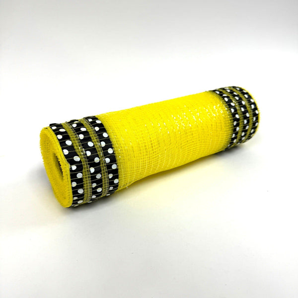 Yellow with Black Ribbon with White Polka Dots Stripes Stripes Deco Mesh - Holiday Floral Deco Mesh - ( 10 Inch x 10 Yards ) BBCrafts.com