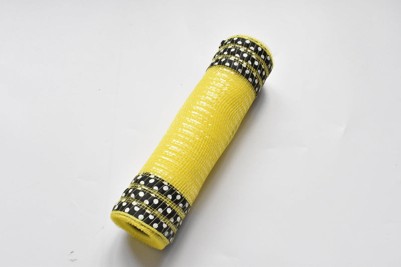 Yellow with Black Ribbon with White Polka Dots Stripes Stripes Deco Mesh - Holiday Floral Deco Mesh - ( 10 Inch x 10 Yards ) BBCrafts.com