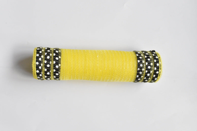 Yellow with Black Ribbon with White Polka Dots Stripes Stripes Deco Mesh - Holiday Floral Deco Mesh - ( 10 Inch x 10 Yards ) BBCrafts.com