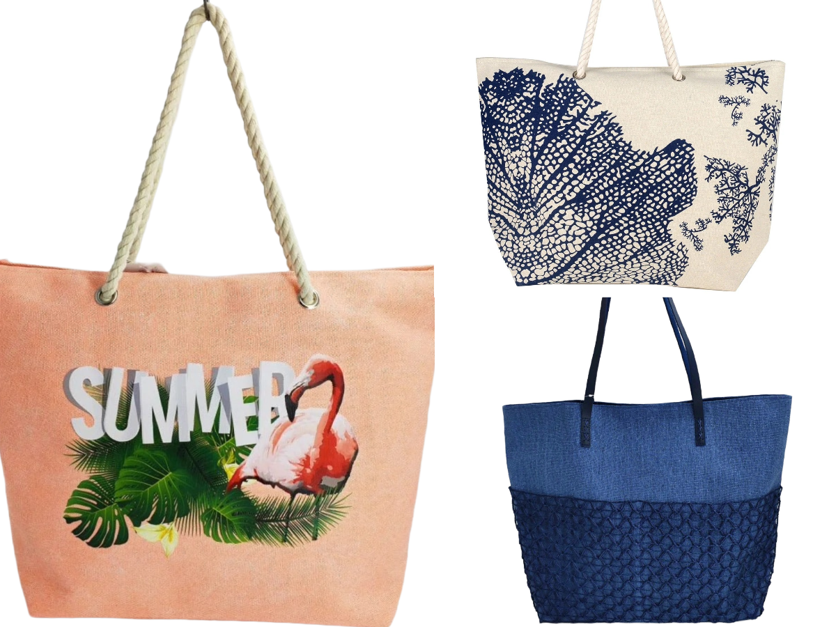 Women’s Beach Tote Bags Combo Set of 3 – Navy Blue, Summer & Dark Blue Leaf Print Canvas Large Pool & Travel Totes