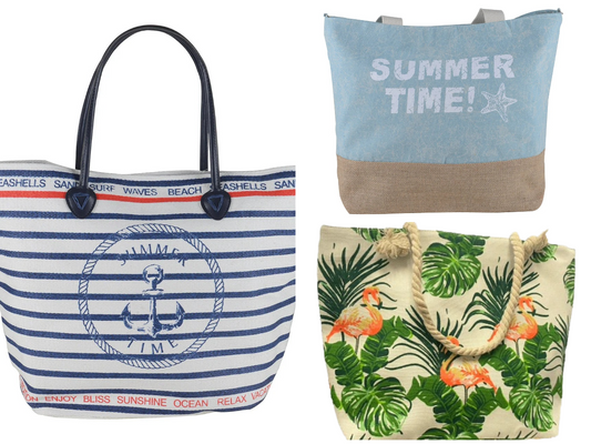 Women’s Beach Tote Bags Combo Set of 3 – Flamingos, Summer Time & Striped Pattern Large Canvas Pool & Travel Totes