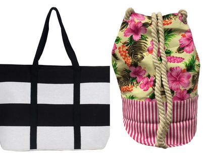 Women’s Beach Tote Bags Combo Set of 2 – Black & White Fashion & Pink Stripes Floral Canvas Pool & Travel Totes