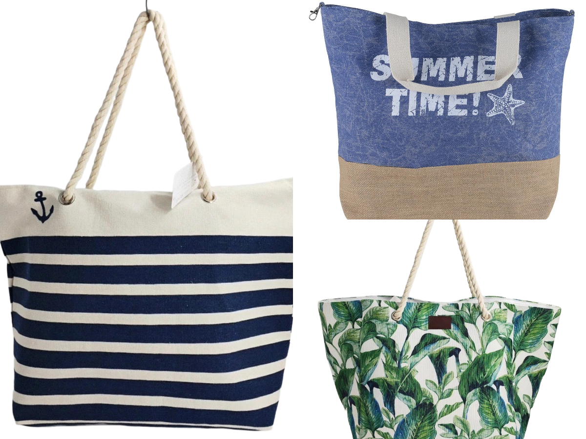 Women’s Beach Tote Bags Combo Set of 3 – Navy Striped Rope Handle, Blue Summer Time & Boho Style Canvas Large Pool & Travel Totes