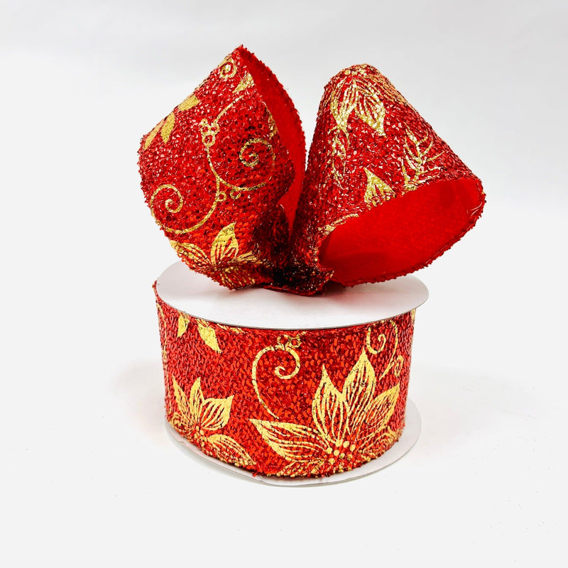 Red Metallic Gold Poinsettia Ribbon 2-1/2 Inch x 10 Yards