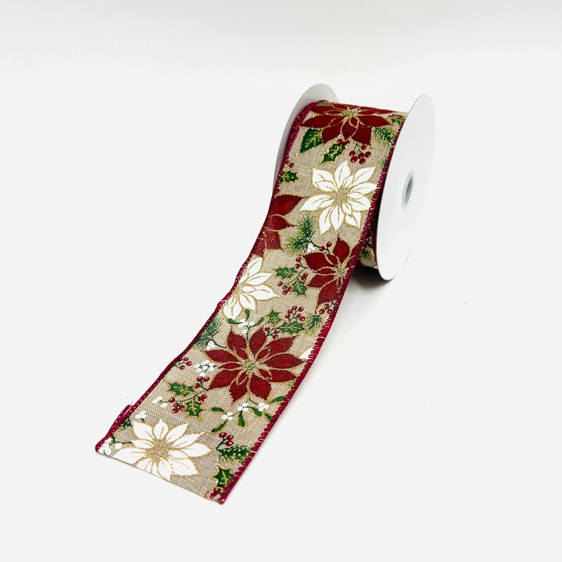 Christmas Holiday Xmas Poinsettia Gift Wrap Ribbon Faux Burlap Linen - 2.5 Inch x 10 Yards