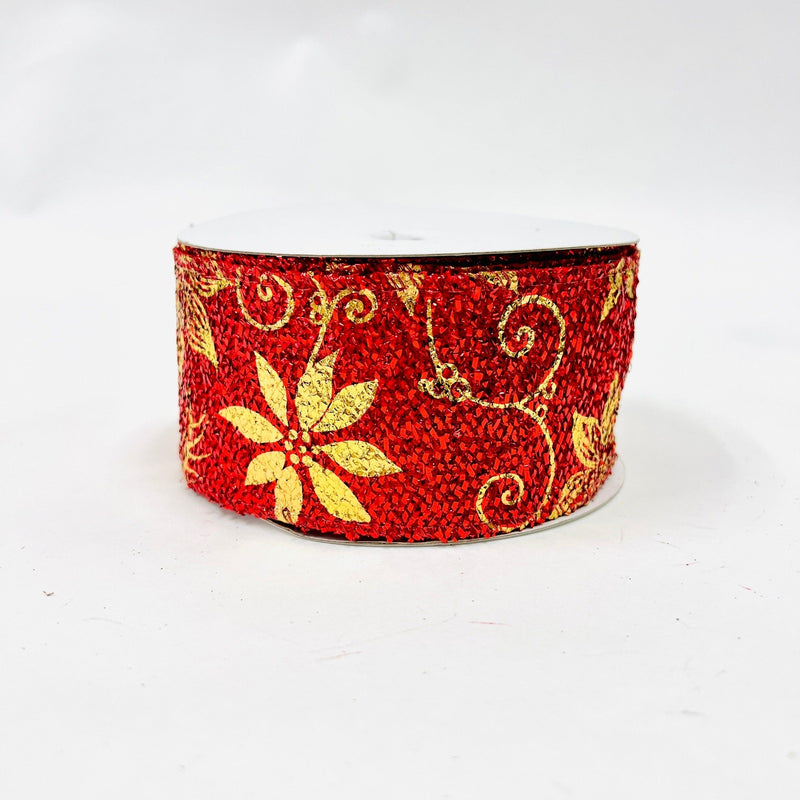 Red Metallic Gold Poinsettia Ribbon 2-1/2 Inch x 10 Yards