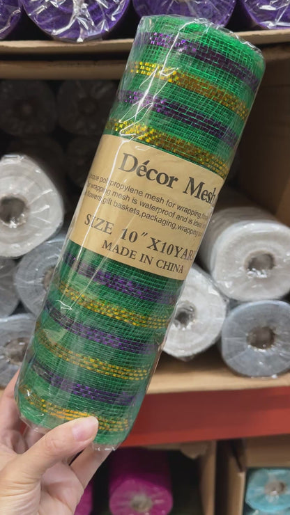 Emerald with Multi Color Lines - Poly Deco Mesh with Laser Mono Stripe - ( 10 Inch x 10 Yards )