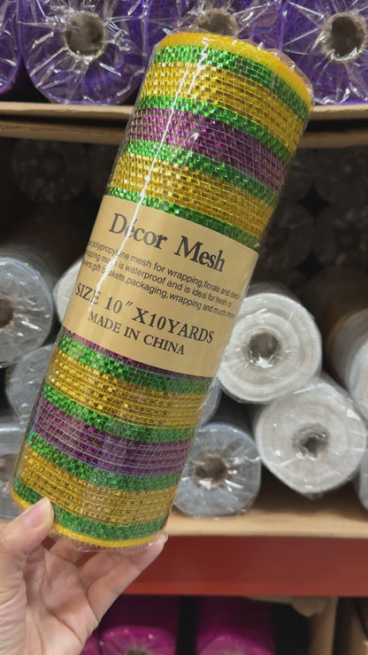 Mardi Gras Eyelash - Poly Deco Mesh with Laser Mono Stripe - ( 10 Inch x 10 Yards )