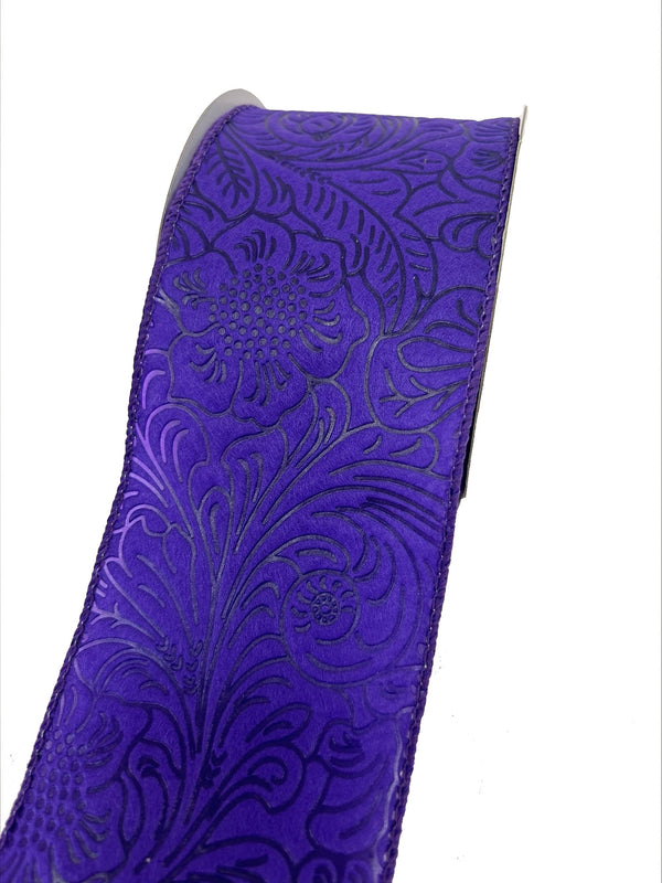 Purple Flower Embossed Wired Ribbon - 2-1/2 Inch x 10 Yards