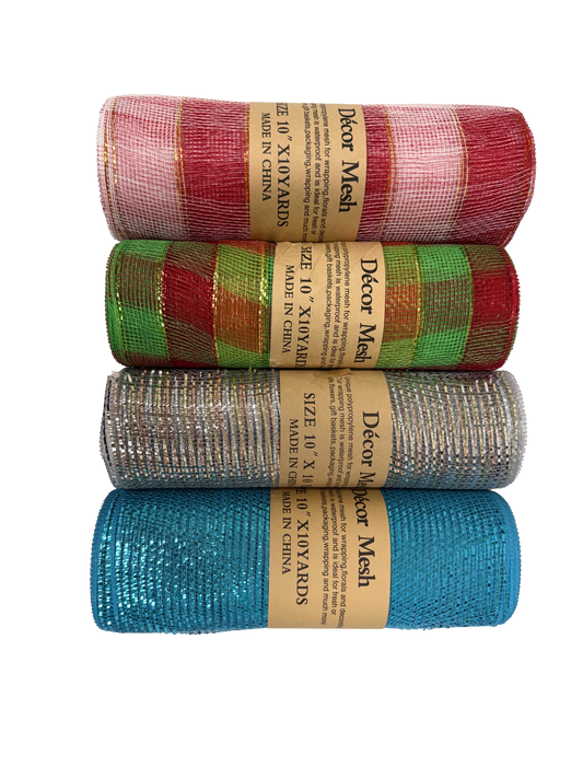 10 Inch x 10 Yards Poly Deco Mesh - Blink Shiny, Red Green, Silver & Turquoise - Pack of 4