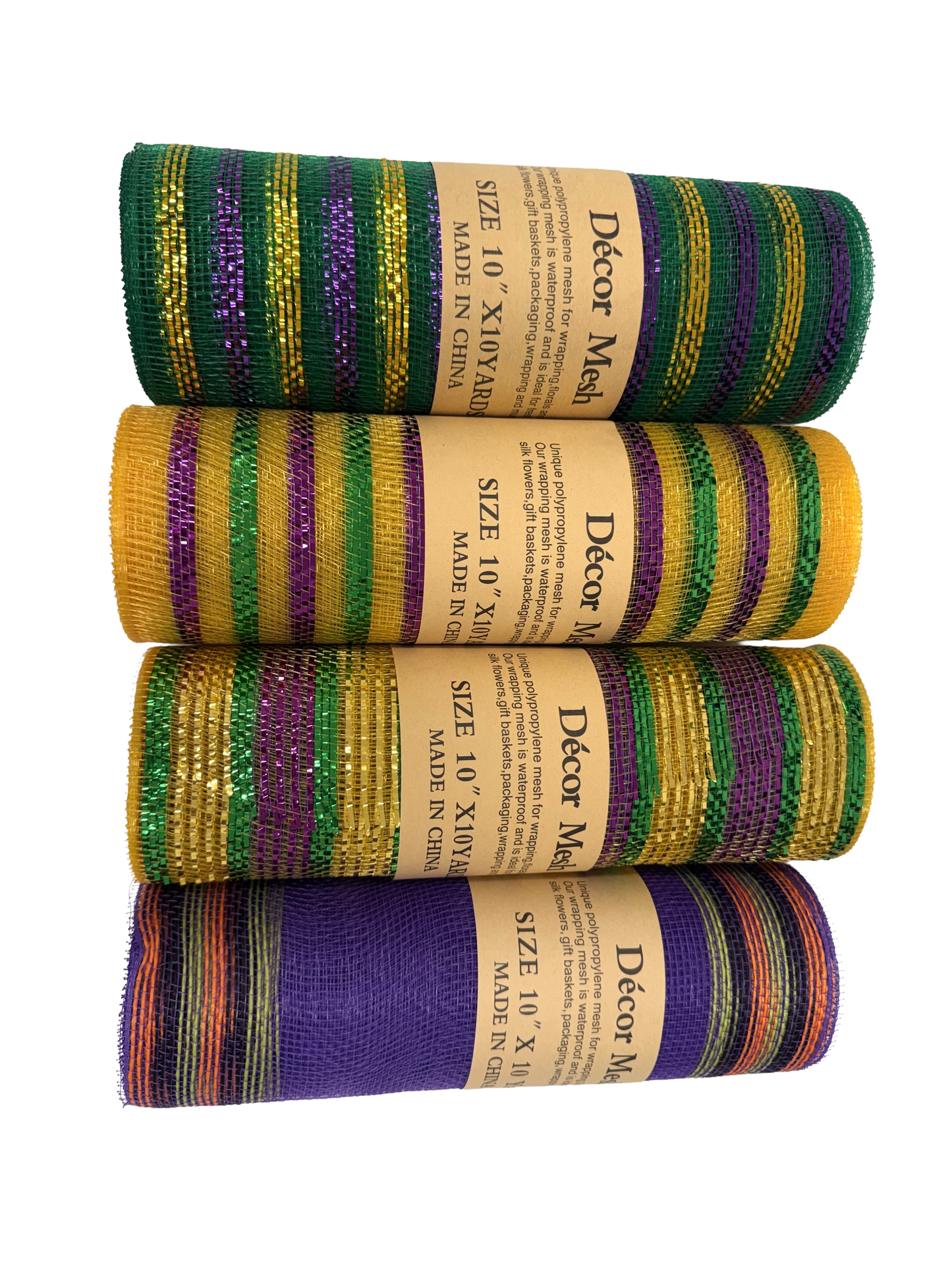10 Inch x 10 Yards Poly Deco Mesh with Laser Mono Stripe - Mardi Gras, Emerald , Purple, Yellow - Pack of 4