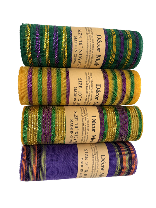 10 Inch x 10 Yards Poly Deco Mesh with Laser Mono Stripe - Mardi Gras, Emerald , Purple, Yellow - Pack of 4