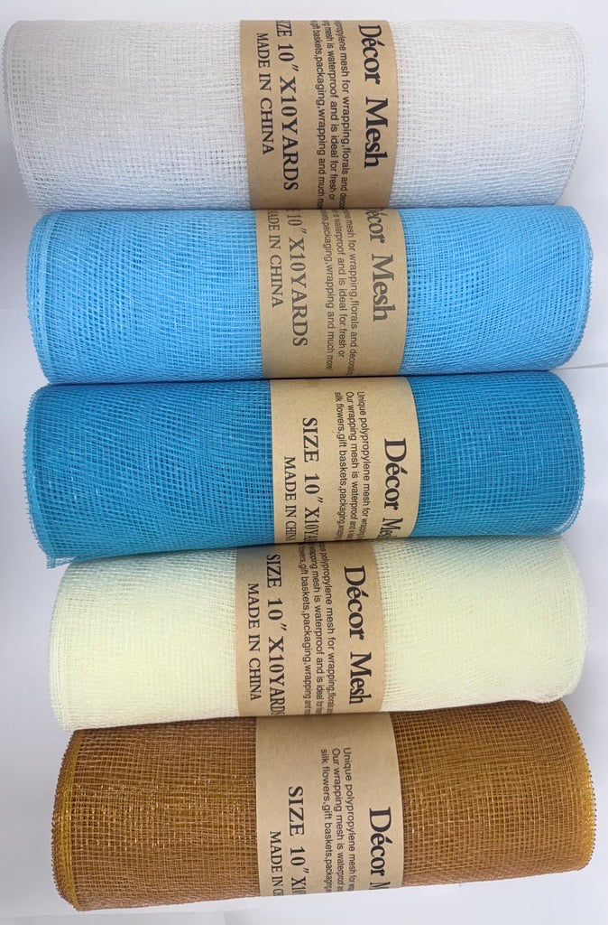 10 Inch x 10 Yards Deco Mesh Solid Color White, Light Blue, Turquoise, Ivory, Old Gold - Pack of 5