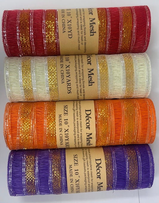 10 Inch x 10 Yards Deco Mesh Eyelash Metallic Stripes Purple, Ivory, Orange, Red - Pack of 4
