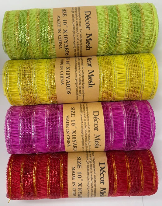 10 Inch x 10 Yards Deco Mesh Eyelash Metallic Stripes Apple Green, Yellow, Hot Pink, Red - Pack of 4