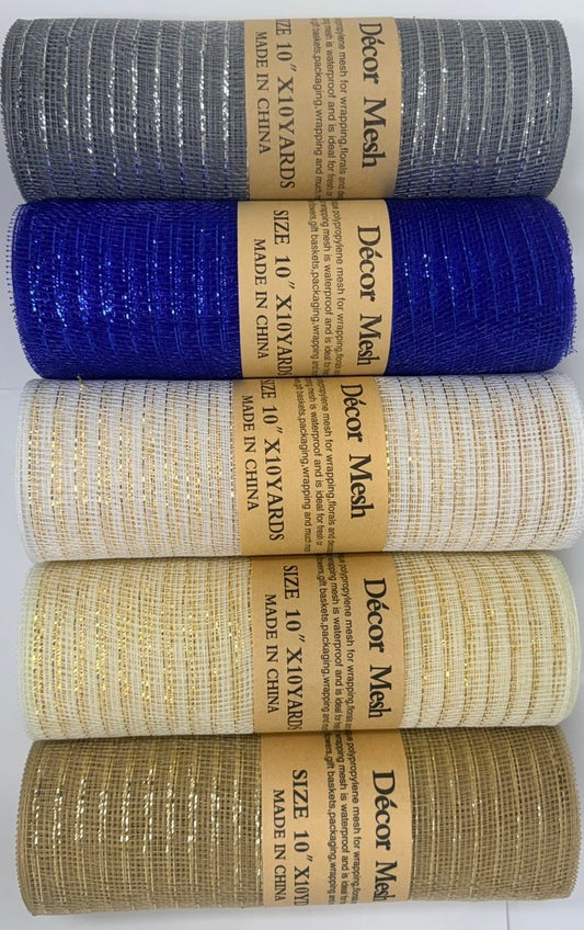 10 Inch x 10 Yards Deco Mesh Metallic Stripes Royal Blue, Silver, Ivory, White, Tan - Pack of 5
