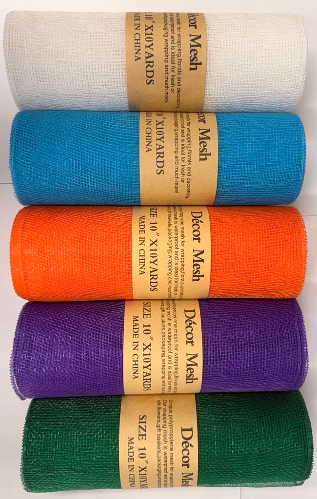 10 Inch x 10 Yards Deco Mesh Solid Color White, Turquoise, Orange, Purple, Hunter Green - Pack of 5