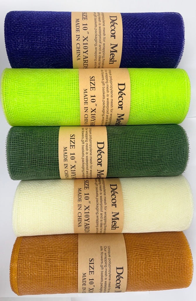 10 Inch x 10 Yards Deco Mesh Solid Color Apple Green, Navy Blue, Spring Moss, Ivory, Old Gold - Pack of 5