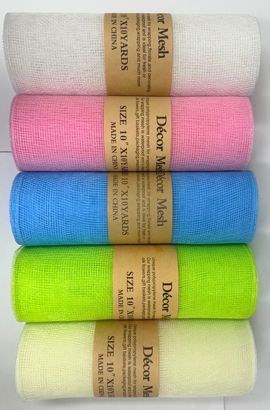 10 Inch x 10 Yards Deco Mesh Solid Color White, Blue, Ivory, Light Pink, Apple Green - Pack of 5