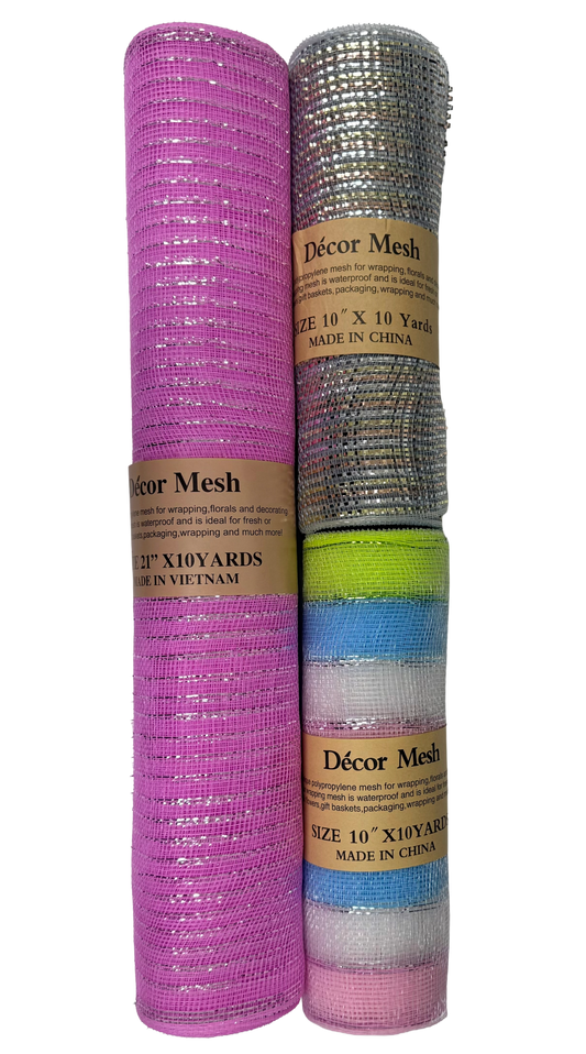 21 Inch | 10 Inch x 10 Yards Deco Mesh Metallic Stripes - Pack of 3