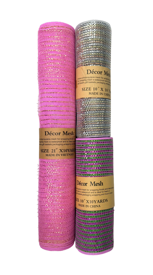 21 Inch | 10 Inch x 10 Yards Deco Mesh Metallic Stripes - Pack of 3