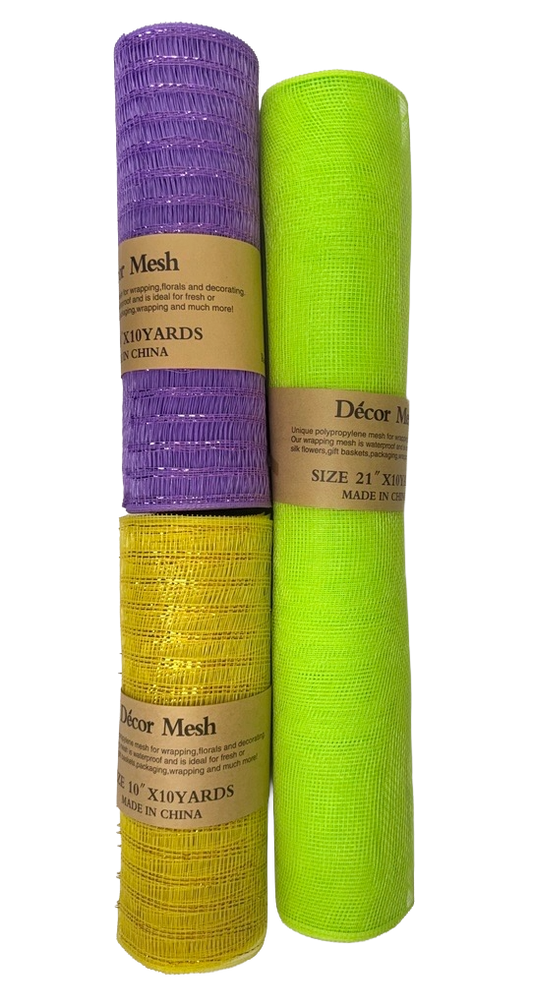 21 Inch & 10 Inch x 10 Yards - Poly Deco Mesh Solid Color Apple Green, Yellow, Lavender - Pack of 3