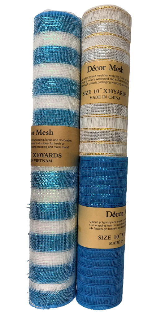 21 Inch & 10 Inch x 10 Yards Poly Deco Mesh Blue & White, Turquoise, White - Pack of 3