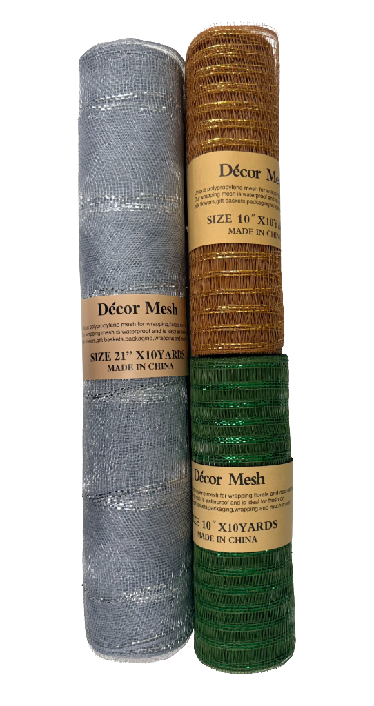 21 Inch & 10 Inch x 10 Yards Poly Deco Mesh Silver, Old Willow, Old Gold - Pack of 3