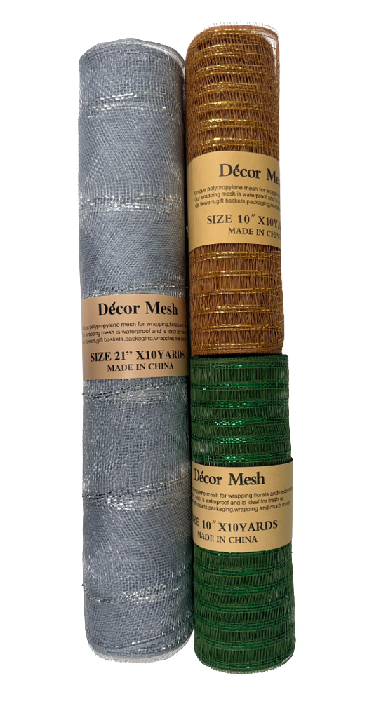 21 Inch & 10 Inch x 10 Yards Poly Deco Mesh Silver, Old Willow, Old Gold - Pack of 3