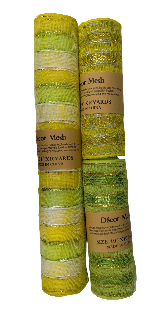 21 Inch & 10 Inch x 10 Yards Poly Deco Mesh Citrus, Apple Green, Yellow - Pack of 3