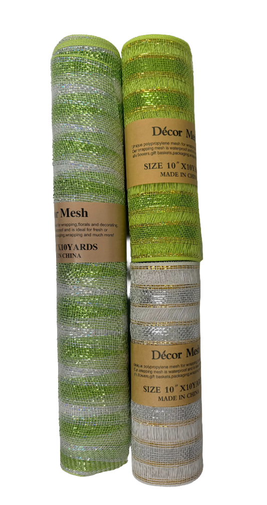 21 Inch & 10 Inch x 10 Yards Poly Deco Mesh Apple Green, White - Pack of 3
