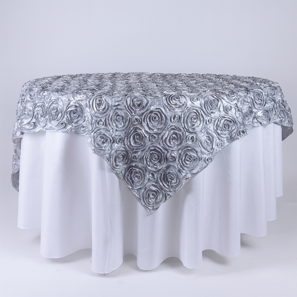 Silver Ribbon Tablecloth Silver 85 Inch x 85 Inch Square Rosette Satin Overlay ...