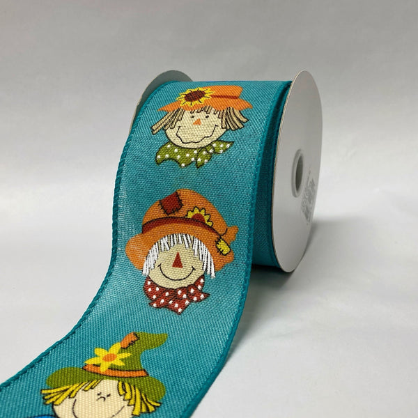 2-1/2 Inch x 10 Yards Teal Linen Fun Scarecrow Heads Ribbon