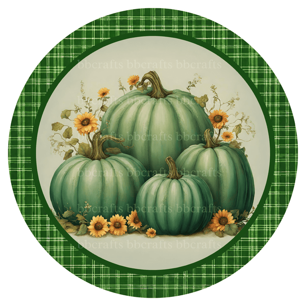 8 Inch Round Fall Metal Sign: Green Pumpkins - Wreath Accent - Made In USA