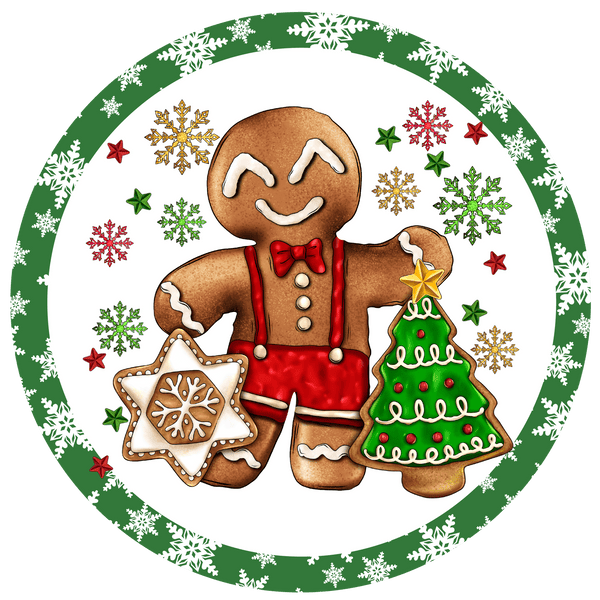 8 Inch Round CHRISTMAS Metal Sign: GINGERBREAD MAN- Wreath Accent - Made In USA