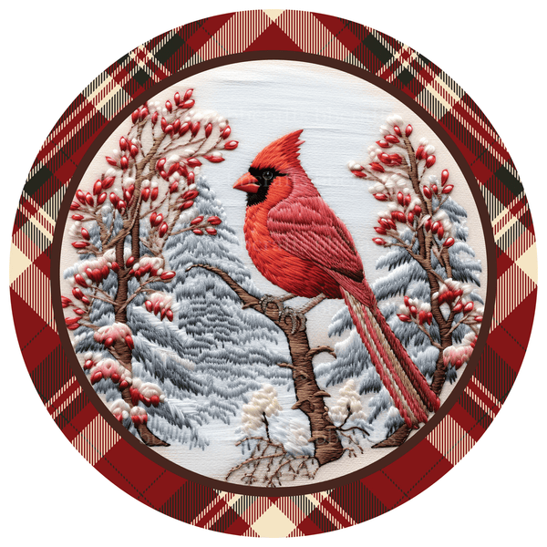 8 Inch Round Christmas Metal Sign: CARDINAL BIRD - Wreath Accent - Made In USA