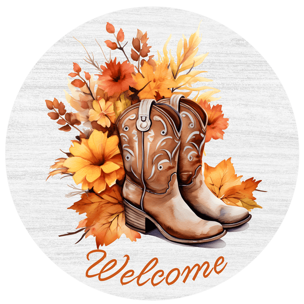 8 Inch Round Fall Metal Sign: COMBAT BOOTS - Wreath Accent - Made In USA