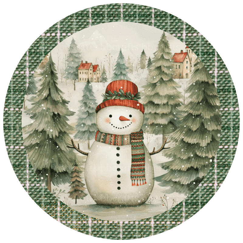 8 Inch Round Christmas Metal Sign: SNOWMAN - Wreath Accent - Made In USA