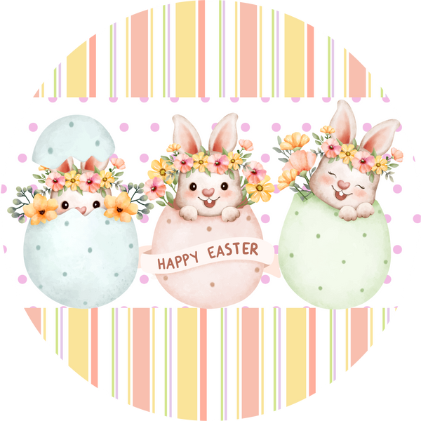 Happy Easter Metal Sign: Bunnys with Easter Eggs - Made In USA