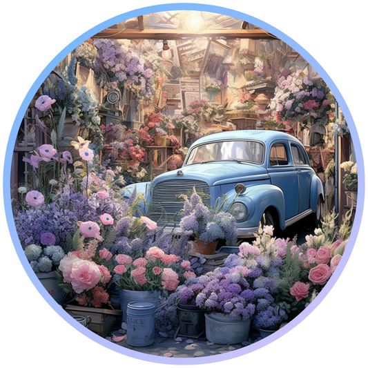 Vintage Car with Flower Farm Metal / Vinyl Sign - Made in USA