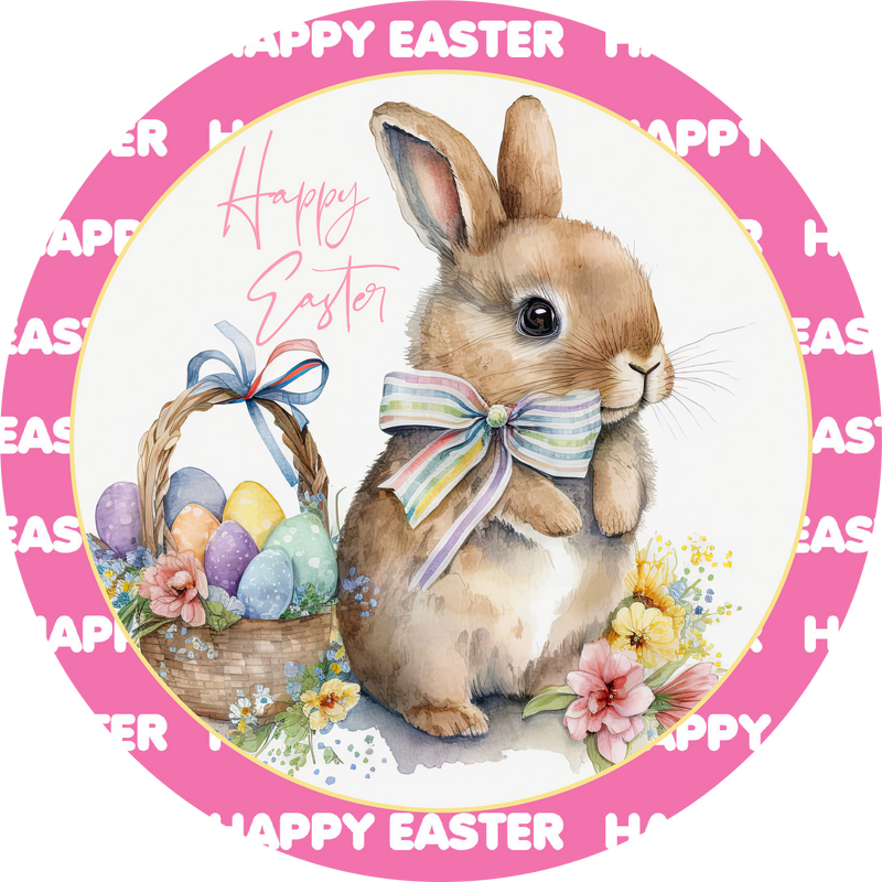 Happy Easter Metal Sign: Bunny Rabbit with Eggs - Made In USA