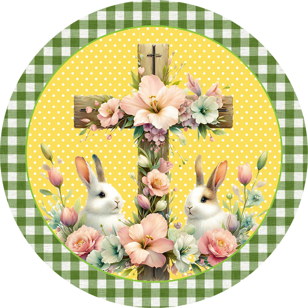 Easter Metal Sign: Bunny Rabbit with Jesus cross - Made In USA